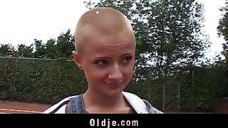 Sexy short haired schoolgirl sucking grandpa dick